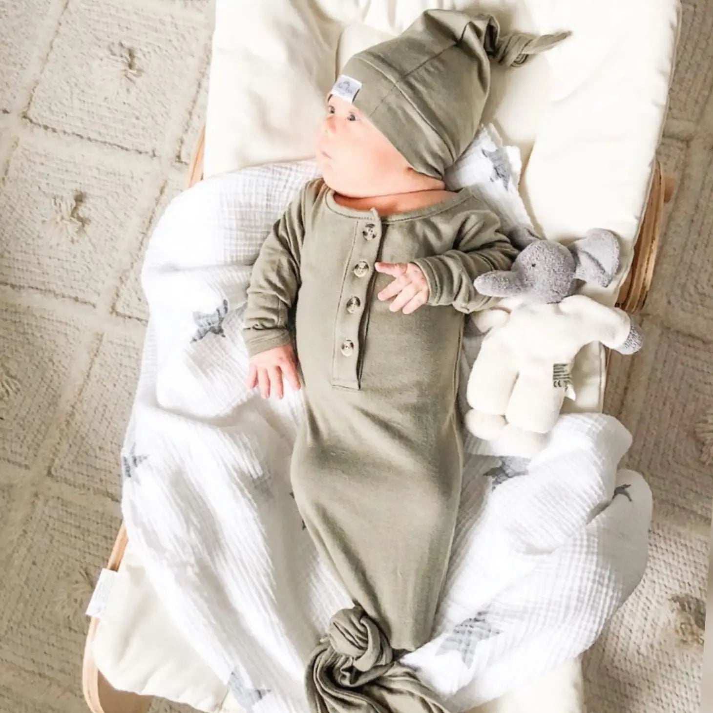 Fawn & Foster - Baby Organic Knotted Gown + Top Knot Hat - Sage