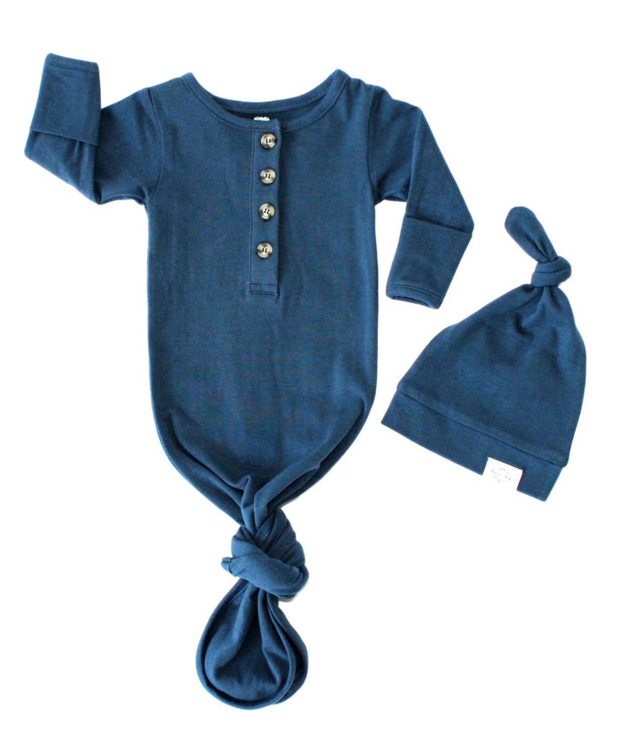 Fawn & Foster - Baby Organic Knotted Gown + Top Knot Hat - Navy