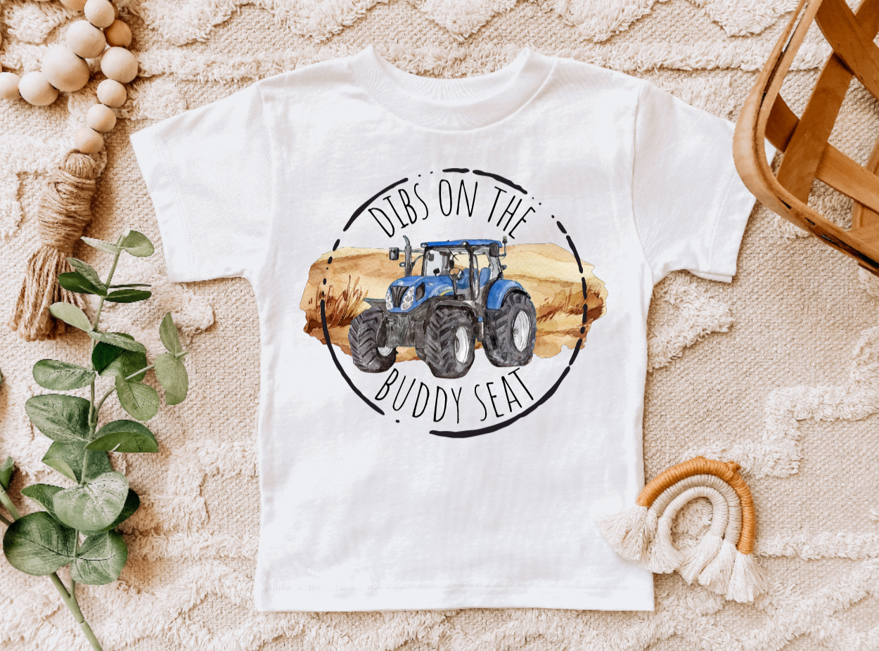 Dibs on the Buddy Seat Blue Tractor Tee Shirt: S / Short Sleeves